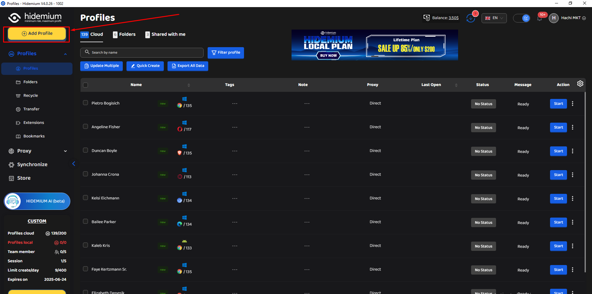 2. Log into Hidemium and Create a Profile